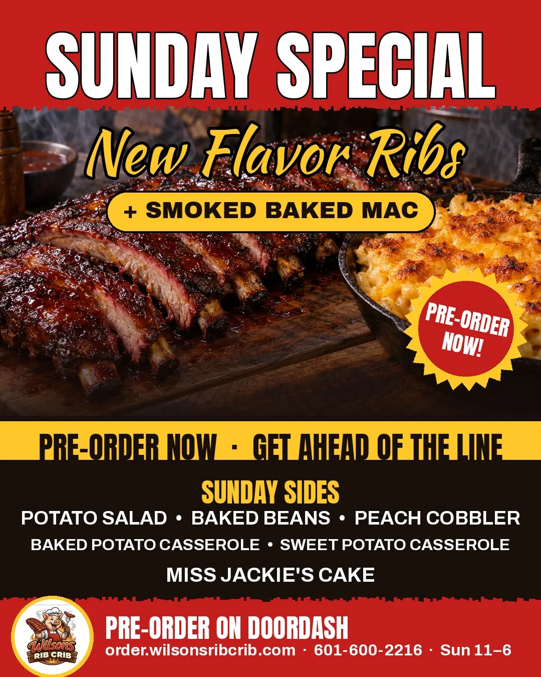 Sunday Special flyer: new flavor ribs with smoked baked macaroni and Sunday sides. Pre-order on DoorDash.